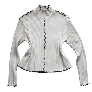 Mango MNG Ribbed Long Sleeve T-Shirt Cream Black Lettuce Edge Trim Mock Neck XS